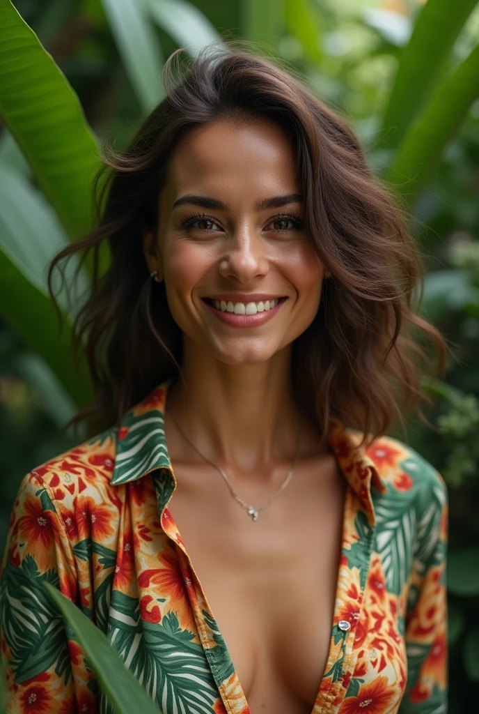 A Brazilian woman in a lush tropical garden, wearing an open shirt with a floral print, with a close-up capturing the harmonious beauty between her breasts and the natural flowers, showing off your natural charm and outgoing personality.