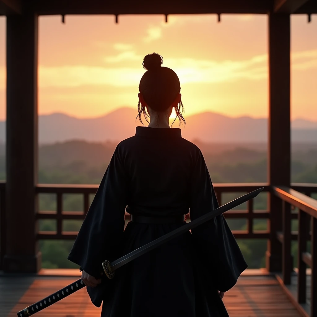 A dramatic scene of a female samurai from the Sengoku period, captured in a tense and cinematic moment as she prepares for battle. The perspective is from behind, showcasing her resolve and determination. She stands on a traditional wooden veranda, with the warm glow of a sunset casting long shadows across her figure. Her dark hair is tied up in a neat samurai topknot, with loose strands falling around her neck. She wears a flowing black kimono with wide sleeves, the fabric slightly moving with the breeze. In her right hand, she holds a drawn katana, the blade reflecting the light of the setting sun, creating a stark contrast against the soft, glowing horizon. Her posture is low and ready, as if she’s about to step into action. The background reveals a vast, open sky tinged with soft oranges and pinks, with distant mountains silhouetted against the horizon. The atmosphere is one of tension and anticipation, as if the moment before a great battle or duel.
