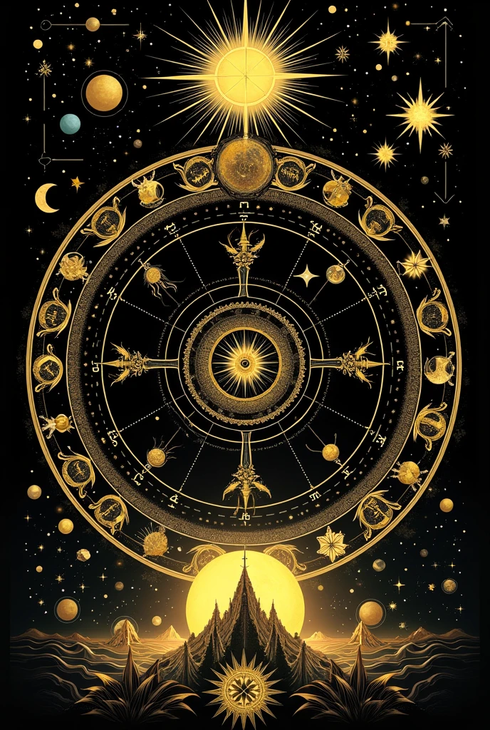 Topic astrology, draw all possible pictures related to this topic,colors gold and black,you can add a starry sky to the background of these pictures