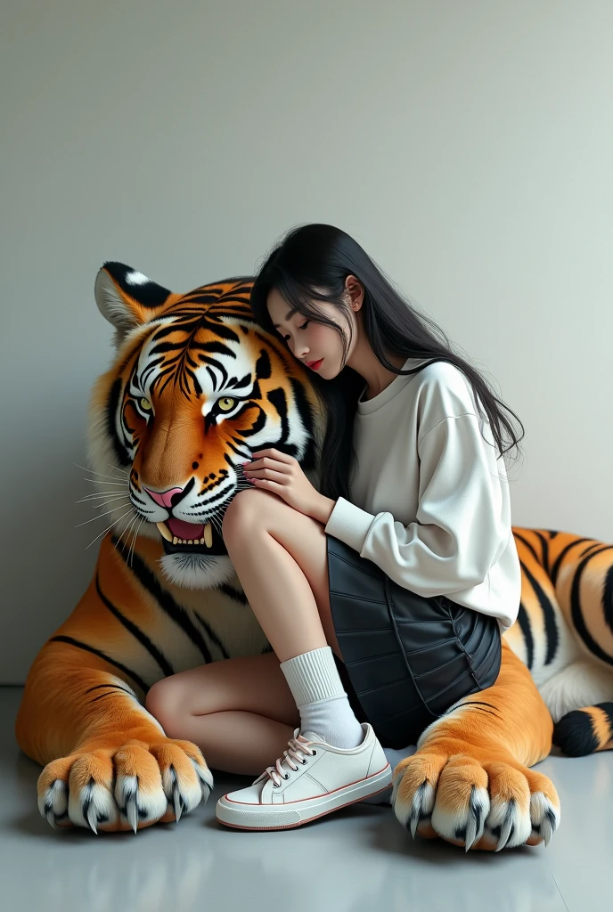 created a very real 3D painting image, a beautiful long-haired Japanese woman, wearing a long-sleeved white shirt, long black plisket skirt, long white socks and sneakers, looking forward with a sharp gaze, sitting and leaning on the body of a A giant tiger with a ferocious face, sharp fangs with a wild gaze, gently stroking the tiger's body, the background is a white and gray wall, an image with a touch of 3D quality, cinematic, photographic