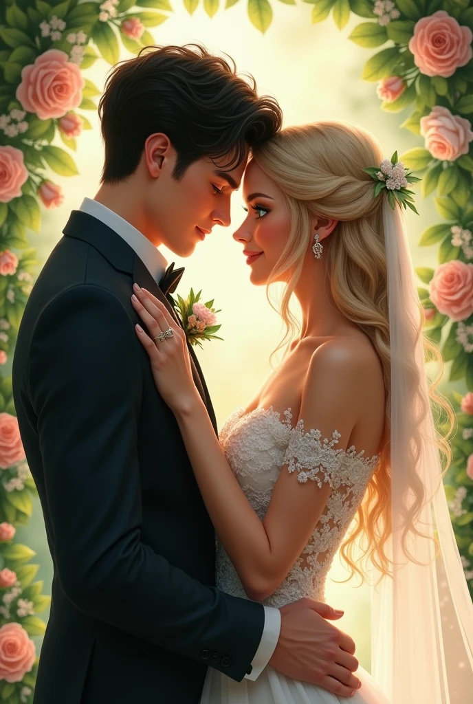 A man with black hair and black eyes marrying a blonde woman with green eyes