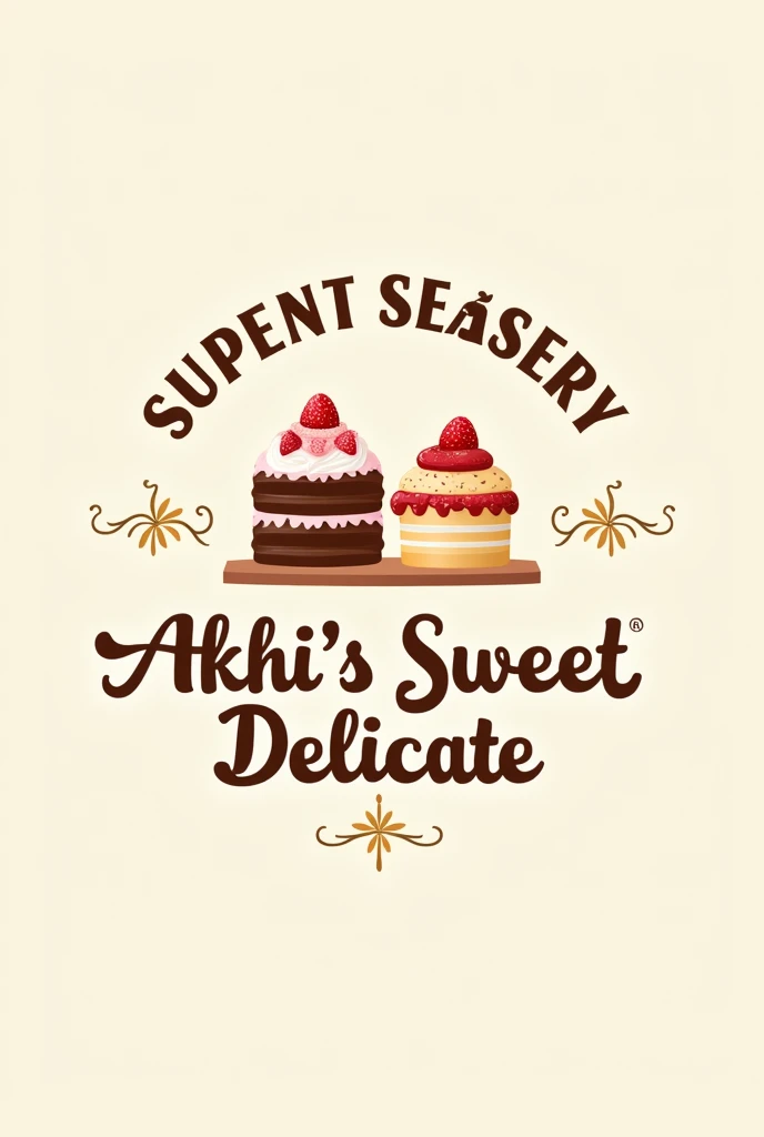 I want you to create a bakery logo named “Akhi’s Sweet Delicate” with cakes and pizza sticker in it. The brand name should exactly be “Akhi’s Sweet Delicate”