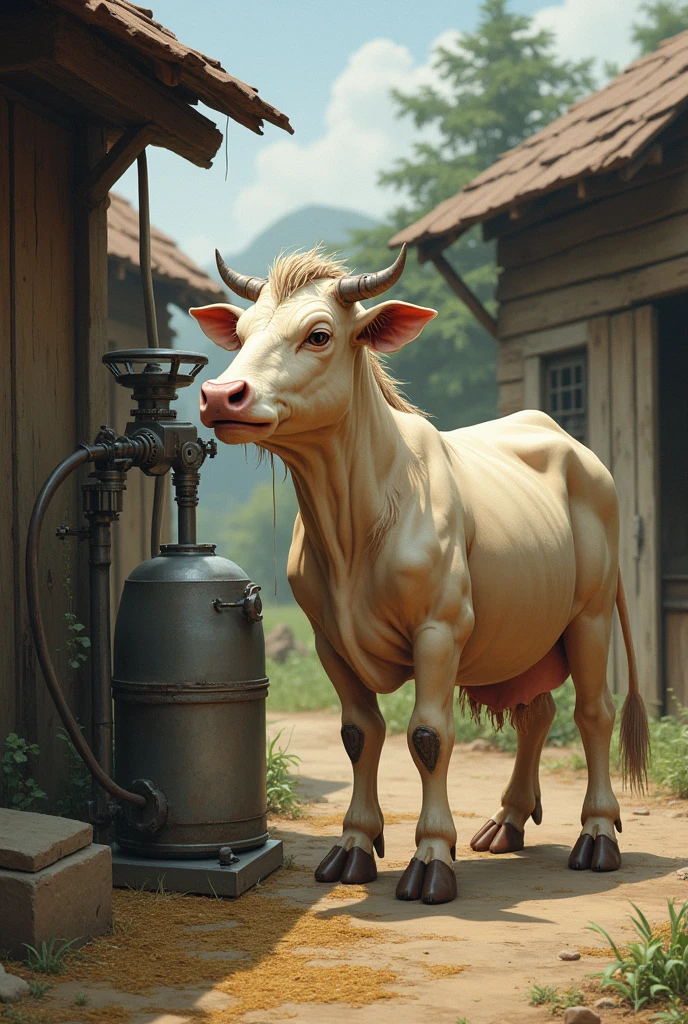 create an image where the corra is located on the farm, with a slightly deficient structure and with small mechanical milking