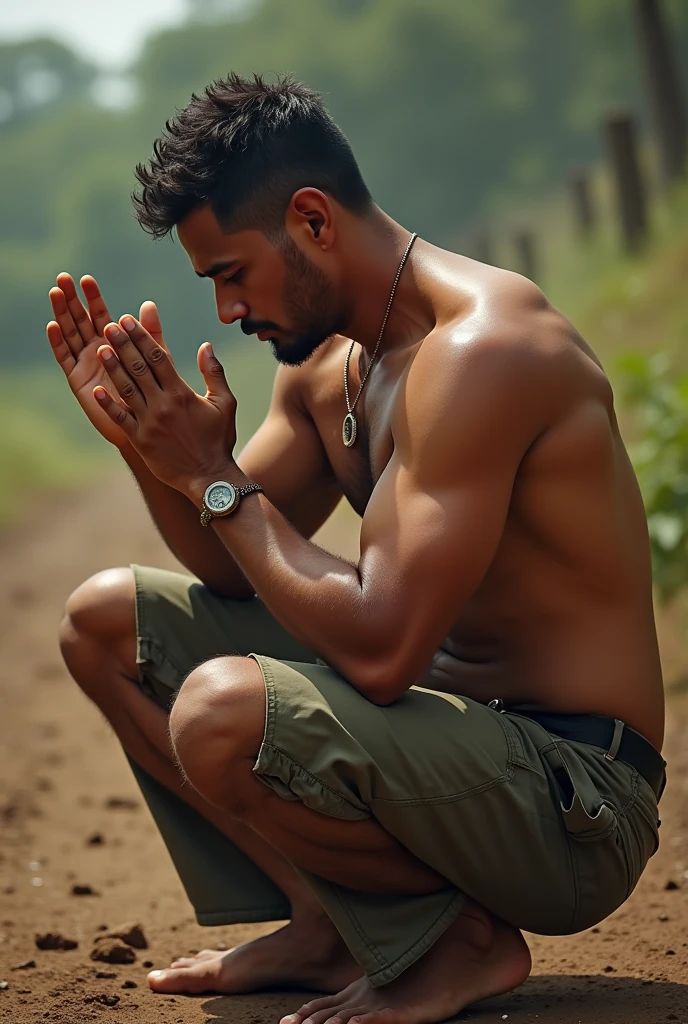 Real image of a single man between 30 and 35 years old, Latino on his knees and face down thanking God with his hands not on the ground