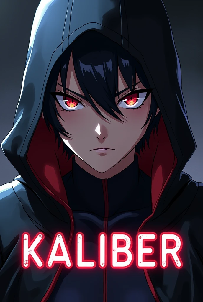 Superpowered anime assassin closeup with the KALIBER underneath in big letters