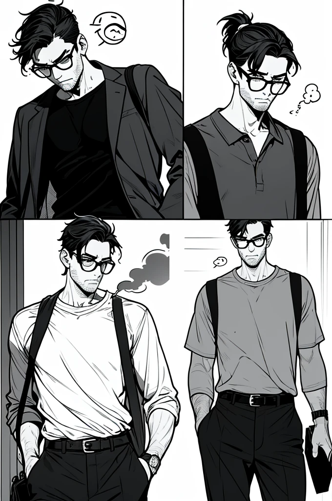 ((1 Boy)), Ponytail black short hair, round glasses, Smoking and haggard with stubble, singlet shorts, downtrodden artist, 48 years old, Emoji pack, Multiple angles, 8 different angles, different emotions, Same role, side profile, angry, Scream, Toothy, Bite the bullet, look up, Black and white lines comic style