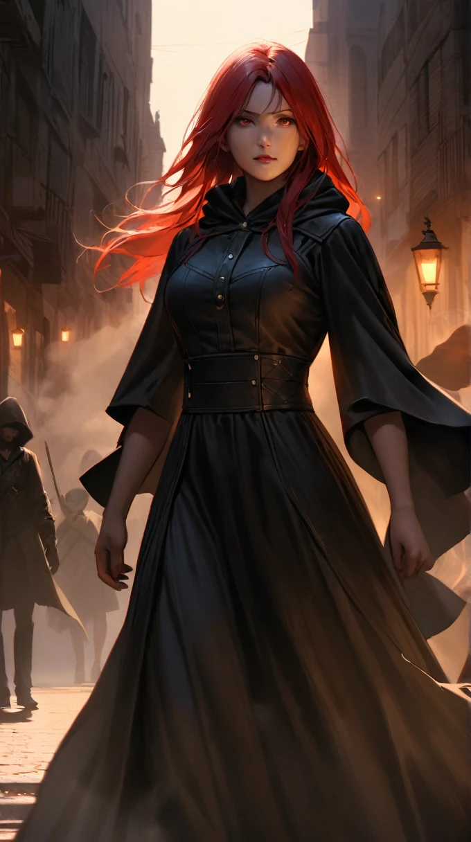 Best quality, realistic, a girl with red hair and detailed eyes and face, wearing a black dress, with a black overcoat, and a person with a black hood over their head. The scene depicts a huntress inspired by the style of Van Helsing. The background is a dark, mysterious setting with dimly lit streets and fog. The colors are rich and vibrant, with a dark and moody color palette. The lighting is dramatic, casting long shadows and highlighting the girl's determined expression. The overall image should have a cinematic and thrilling atmosphere, capturing the essence of a fierce and skilled huntress in action.
