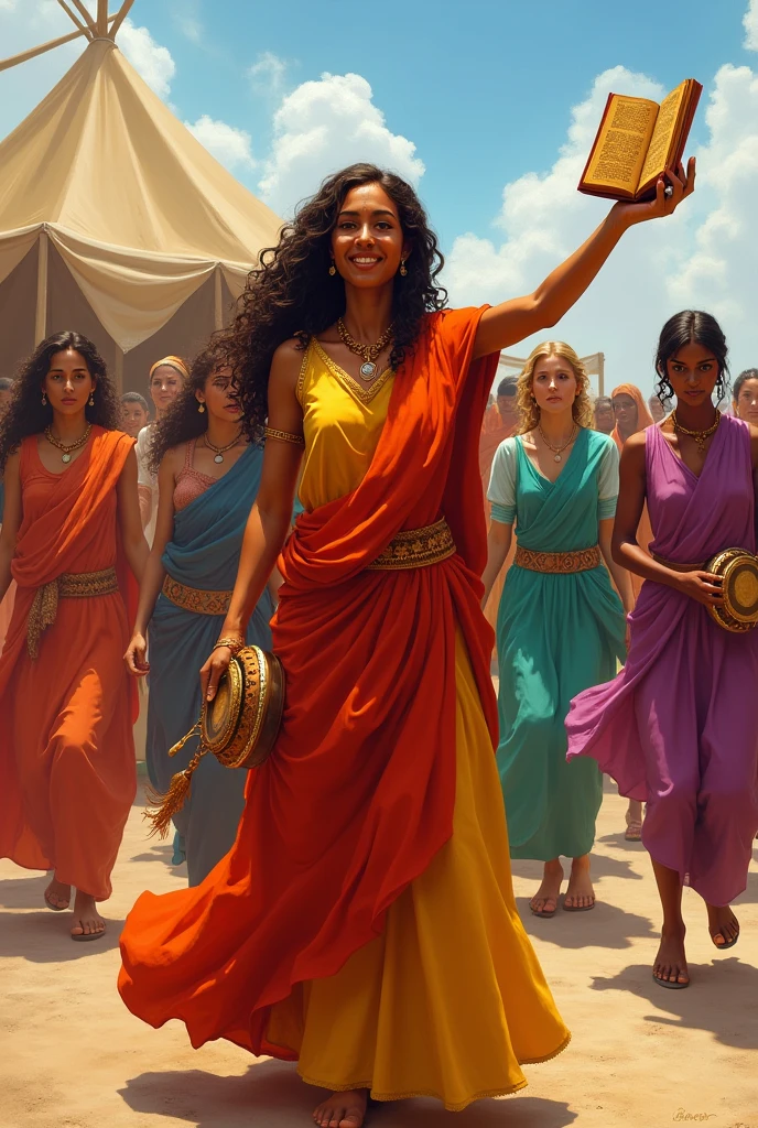 The topic of my presentation is "Women in the Bible" and I want to create an image from a specific Bible verse which is Exodus chapter 15, verse 20, which says: "Mary, the prophetess, picked up a tambourine, and behind her came all the women playing tambourines and dancing".
Gostaria que as mulheres tivessem um tom de pele mais moreno e que em uma das mãos de Mary ela segurasse uma "Bible open to the front" as if he were showing it off and "in the other hand was the tambourine", and that the women were behind her dancing and happy.