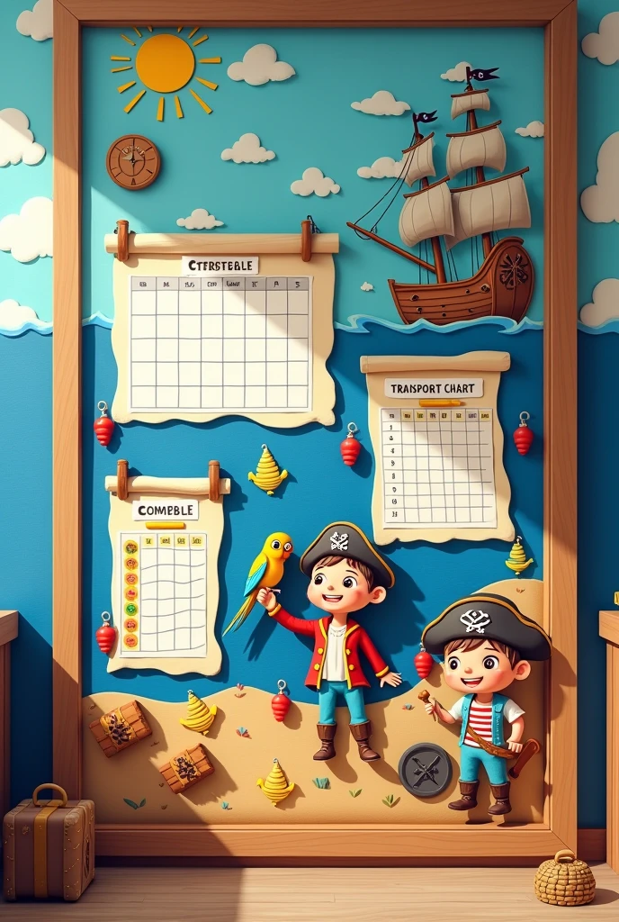 Provide me a design of school soft board with theme pirate including the birthday chart , time table , transport chart , house chart of students
