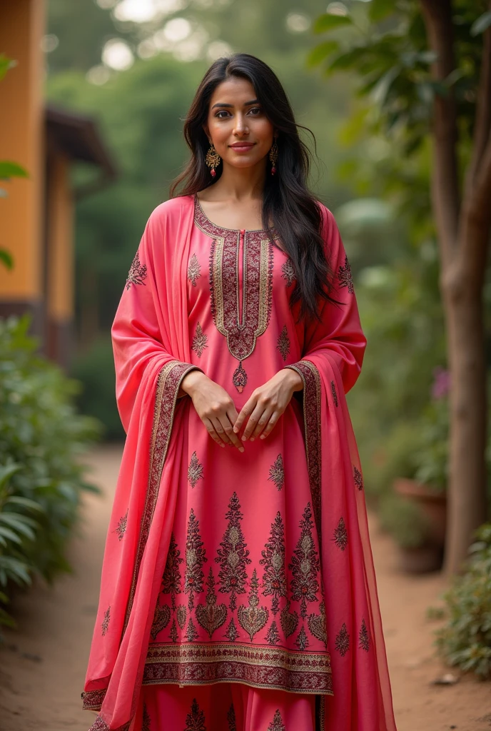 vazro pink kurti on maroon printed design and matching pajama and shawl