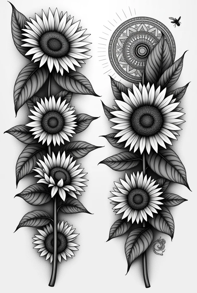 Tattoo template, for the entire forearm. The main focus should be sunflowers, also single mandala and a bee. black-and-white
