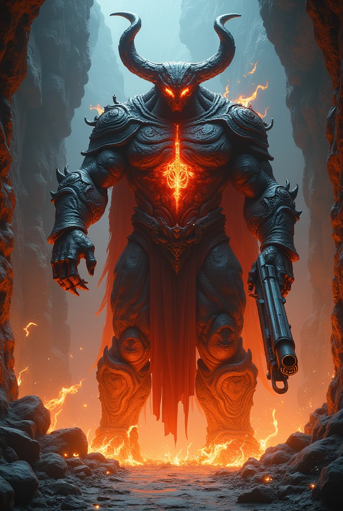 horned magma magical monstrous titan wearing magical shadow armor in a dark dungeon cave holding a giant rifle