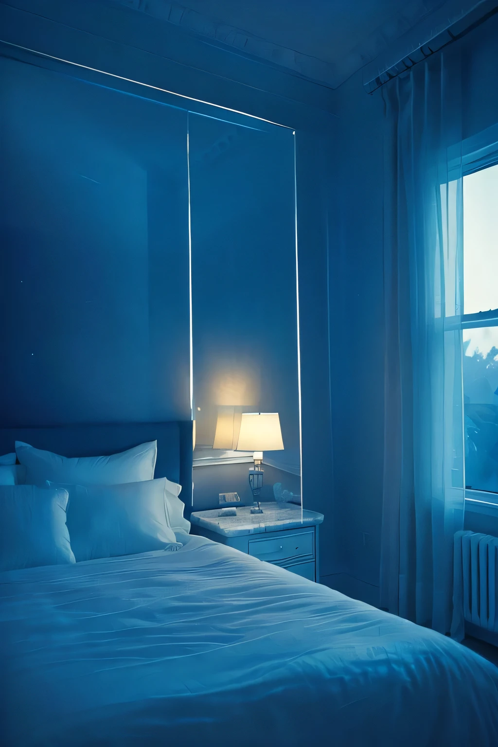 a white dreamy house, bedroom, retro, foggy, soft focus, year of 1995, cool lighting, muted pastel colors, glowing atmosphere, dramatic shadows, cinematic composition, dream-like quality, ethereal, romantic, soft focus photography, dark blue hour, midnight, windy, marble, silver and mirrors, hazy