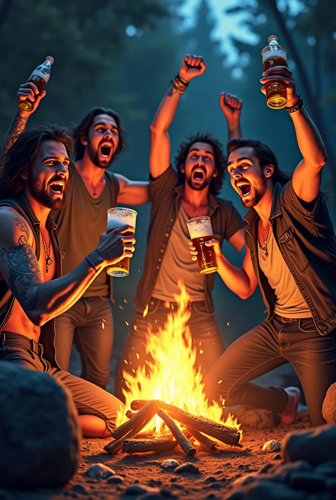 Campfire, friends drinking beer and its like heavy metal concert so people screaming