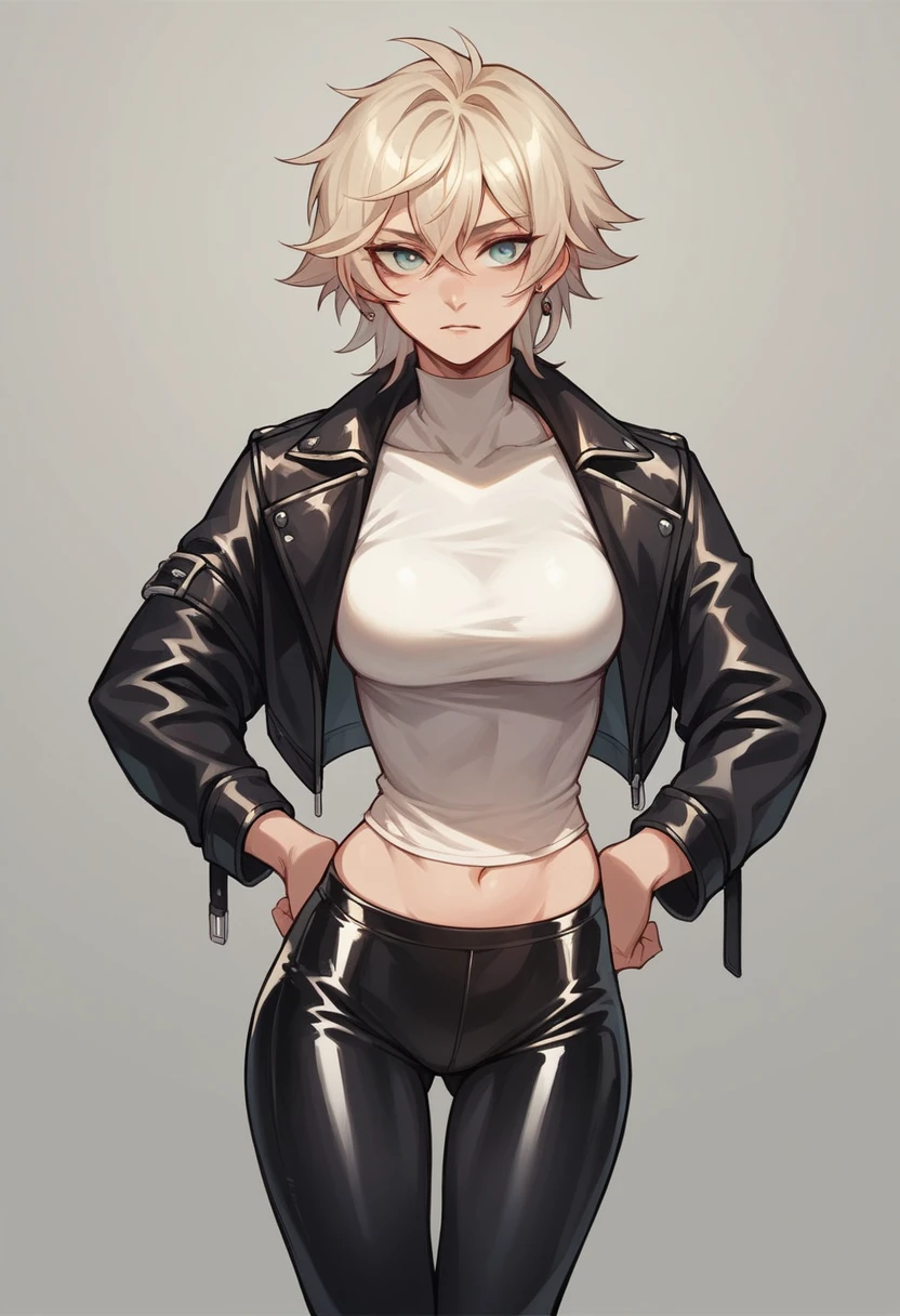 (masterpiece, best quality, perfect face, (beautiful and aesthetic:1.2), extremely detailed, highest detailed face), (beautiful short white elf girl, (white short hair:1.4), (green eyes:1.2), (white brown skin:1.5), fake breasts, (narrow waist), (thick thighs), wide hips, large thighs, pointy elf ears), (exposed belly:1.2), ((wears micro shorts and a black hoodie:1.4)), ((dark fantasy background)), (high quality, hyperrealistic, CG, unity, 4k),