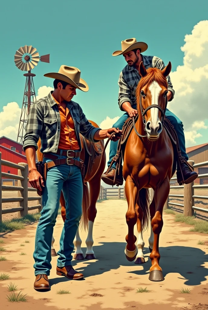 Hyperrealistic comic image with a 50's look, two cowboys shoeing horses in the corral