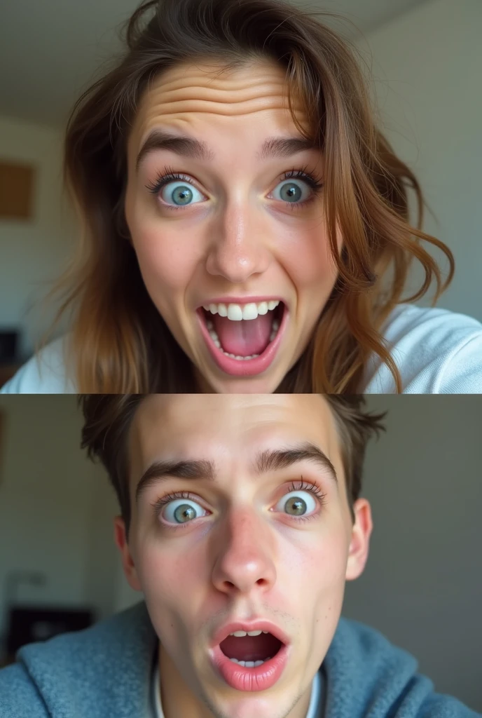The gurl in up in the vedio call  and the boy in down in the vedio call and the girl making funny faces by using filters and the boy was showing his one eyes only 