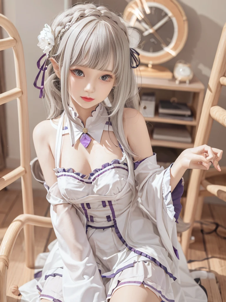 Highest quality、High resolution、Ultra-detailed、8k, Emilia、Emilia Masterpiece、Highest quality, In the castle courtyard, Bans, Clothes are white, 長いsleevemouth, just_shoulder, dull_前hair, Blurred, Blurred_background, Blurred_prospect, blush, Braid, chestout, chestの谷間, Closed_mouth, cloud, crown_Braiding, Tag, depth_In_Field, independent_sleeve, dress, Emilia_\(Again:Stay Night\), eyebrows_appear_Through_hair, flower柄, Precious stones, hair_flower, hair_Decorations have been removed, hair_ribbon, lens_Flare, length_hair, look up_in_Audience, low_length_hair, Moderate_chest, One_eye_Closed, Plein Air, Pleats_skirt, Spiky_ear, purple_eye, purple_ribbon, ribbon, Silver_hair, skirtの, null, Laughter, solo, very_length_hair, white_flower