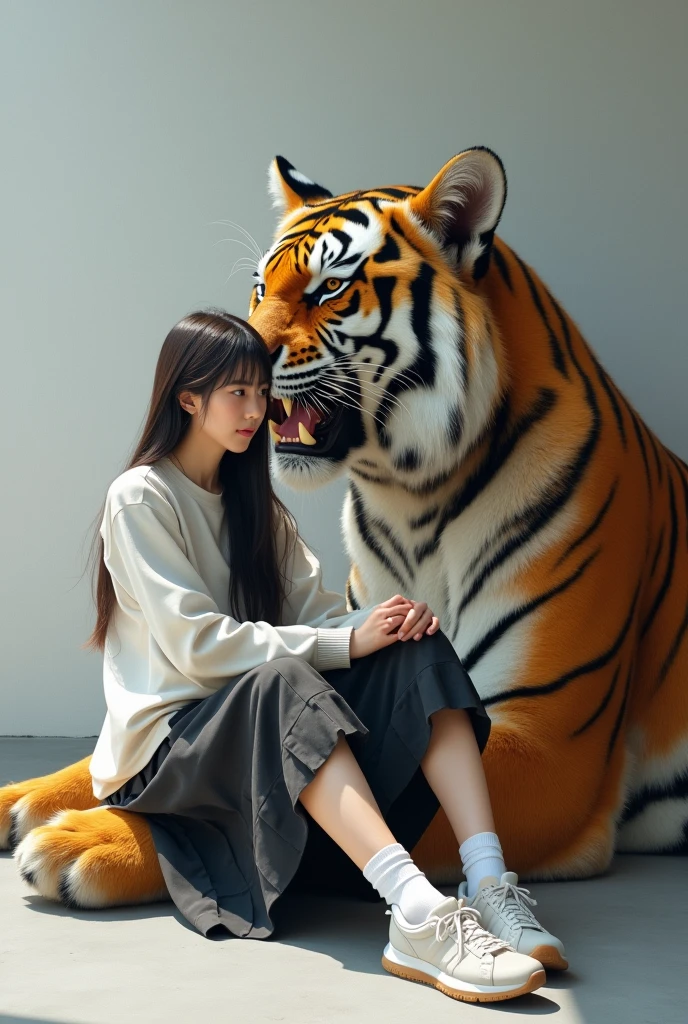 created a very real 3D painting image, a beautiful 17 year old long-haired Japanese woman, wearing a long-sleeved white shirt, long black plisket skirt, long white socks and sneakers, looking forward with a sharp gaze, sitting and leaning on the body of a A giant tiger with a ferocious face, sharp fangs with a wild gaze, gently stroking the tiger's body, the background is a white and gray wall, an image with a touch of 3D quality, cinematic, photographic