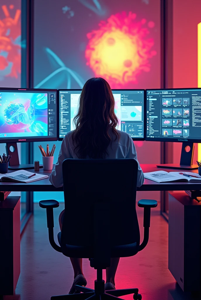 /imagine A modern graphic designer female back side working at a desk with multiple screens, vibrant colors, and creative graphics designer
around.
