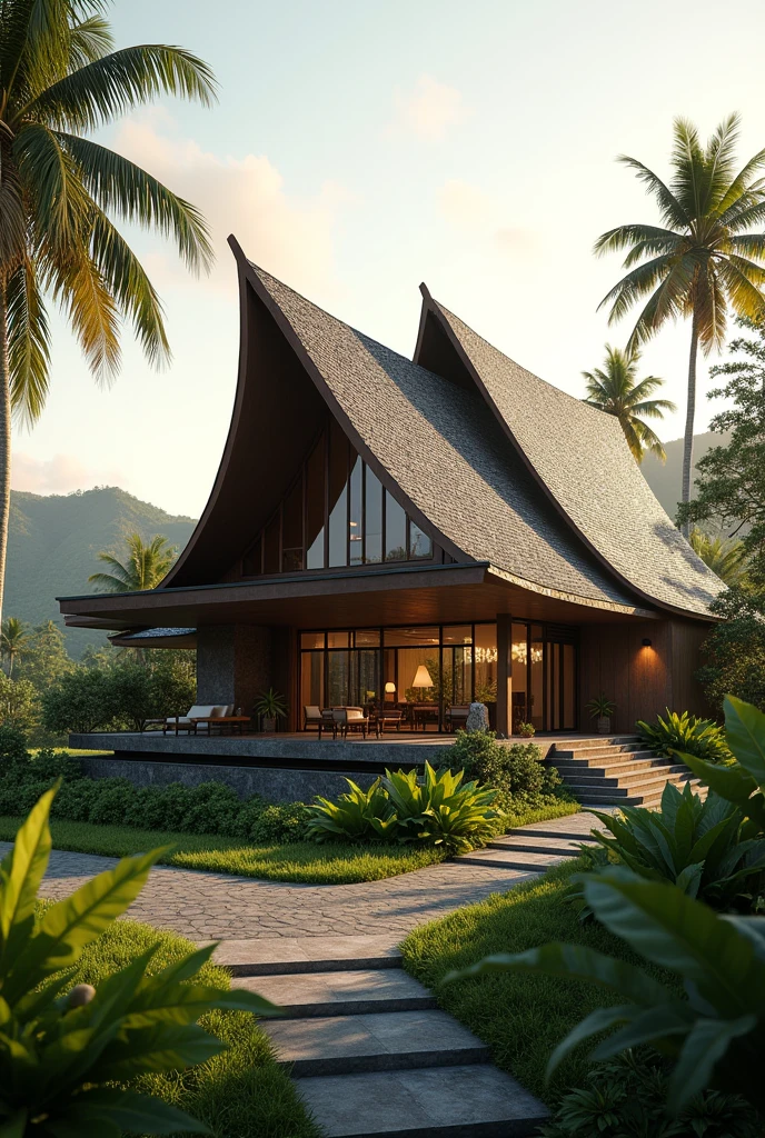 photorealism indonesia minangkabau roof with contemporary design structure