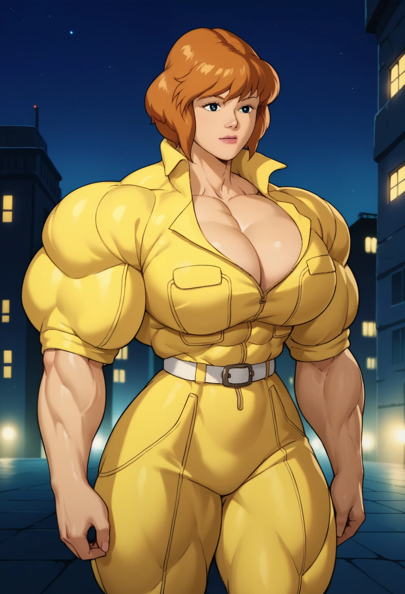 check_9, check_8_up, check_7_up,  
April Neil, yellow jumpsuit, White belt, 1 girl, One, (night), city at night, city background, upper body, retro buildings_artstyle, cartoon, source_cartoon, 1990-е годы_(style), muscle girl, muscle body, huge muscles, massive muscles, huge biceps, massive biceps, oversized biceps, gigantic biceps, hyper biceps, abs,  thigh muscles