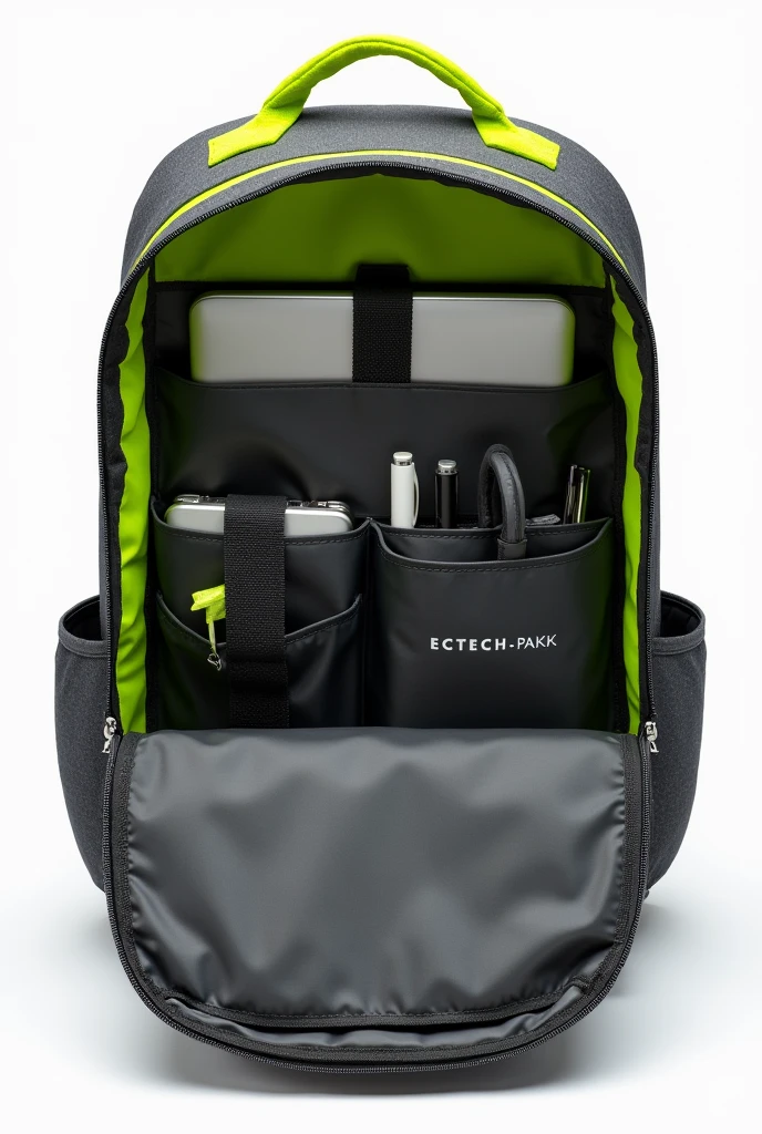 

The EcoTech Pack backpack is dark grey with neon green trim.. The image must show the inside of the backpack with the following details:

	• Laptop space: A padded compartment for a laptop.
	• Space for pencils: A small organizer or pocket for pens and other utensils.
	• Sufficient space: Make sure there is enough space for other items.

The background of the image must be white and the sides of the backpack must not have pockets.. Includes the name “EcoTech Pack” on the inside.
