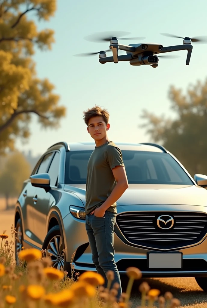 Create a picture of a young man, standing next to a Mazda CX90 SUV. The car is grey. 

The man is dark blond and has short hair. He is a little stronger. A drone hovers next to the vehicle. A bee colony stands next to the vehicle. 