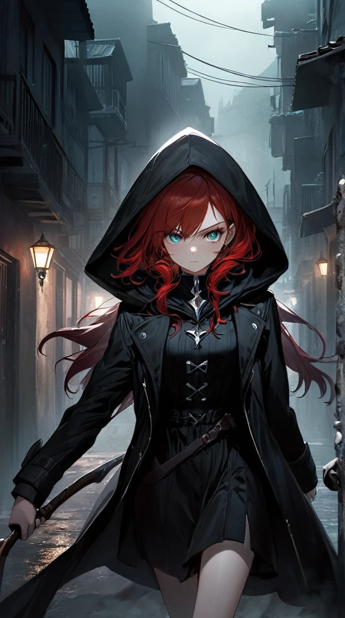 Best quality, realistic, a girl with red hair and detailed eyes and face, wearing a black dress, with a black overcoat, and a person with a black hood over their head. The scene depicts a huntress inspired by the style of Van Helsing. The background is a dark, mysterious setting with dimly lit streets and fog. The colors are rich and vibrant, with a dark and moody color palette. The lighting is dramatic, casting long shadows and highlighting the girl's determined expression. The overall image should have a cinematic and thrilling atmosphere, capturing the essence of a fierce and skilled huntress in action.