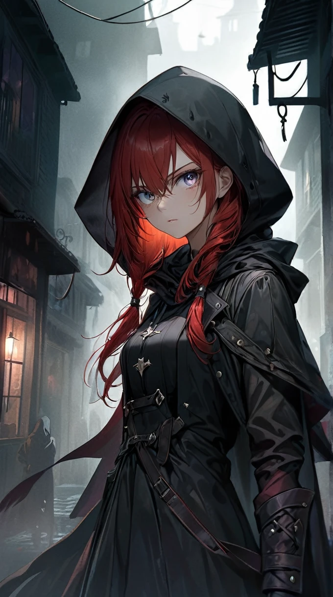 Best quality, realistic, a girl with red hair and detailed eyes and face, wearing a black dress, with a black overcoat, and a person with a black hood over their head. The scene depicts a huntress inspired by the style of Van Helsing. The background is a dark, mysterious setting with dimly lit streets and fog. The colors are rich and vibrant, with a dark and moody color palette. The lighting is dramatic, casting long shadows and highlighting the girl's determined expression. The overall image should have a cinematic and thrilling atmosphere, capturing the essence of a fierce and skilled huntress in action.