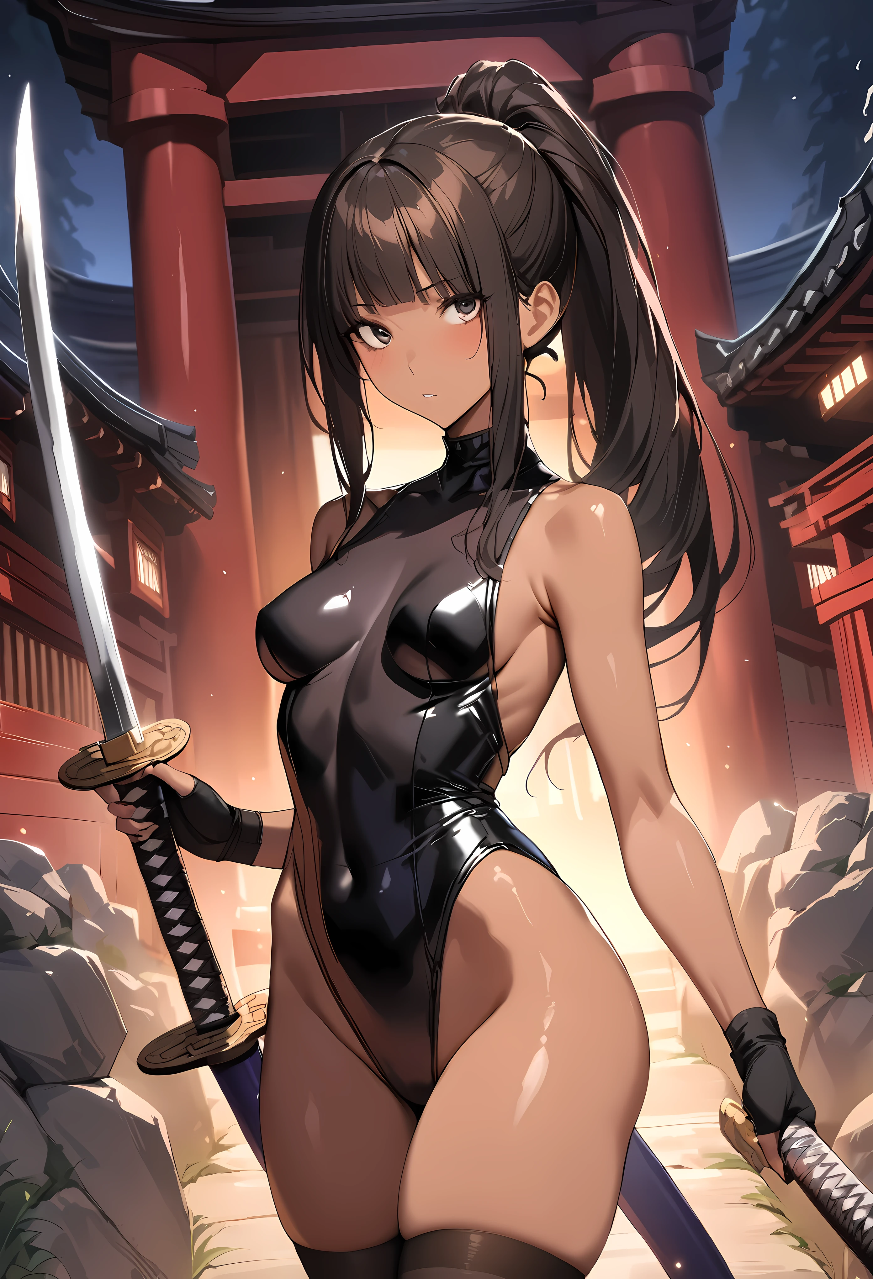 ((masterpiece,best quality anime,Highest quality:1.3)),realistic,cowboy shot,(25 year old beauty),Female ninja,1woman,solo,((very small head:1.4)),((very long body:1.3)),black hair,bangs,(long ponytail hair),gorgeous big eyes,black eyes,((tan skin:1.5)),(black high neck sleeveless,leotard、black_thighhighs,black fingerless gloves),((slender body:1.3,skinny)),medium breasts,gleaming skin,shiny skin,Fighting stance with a Japanese sword、(A detailed depiction of a Japanese sword),Old shrine in the mountains、night,Action scene fighting the grim reaper、