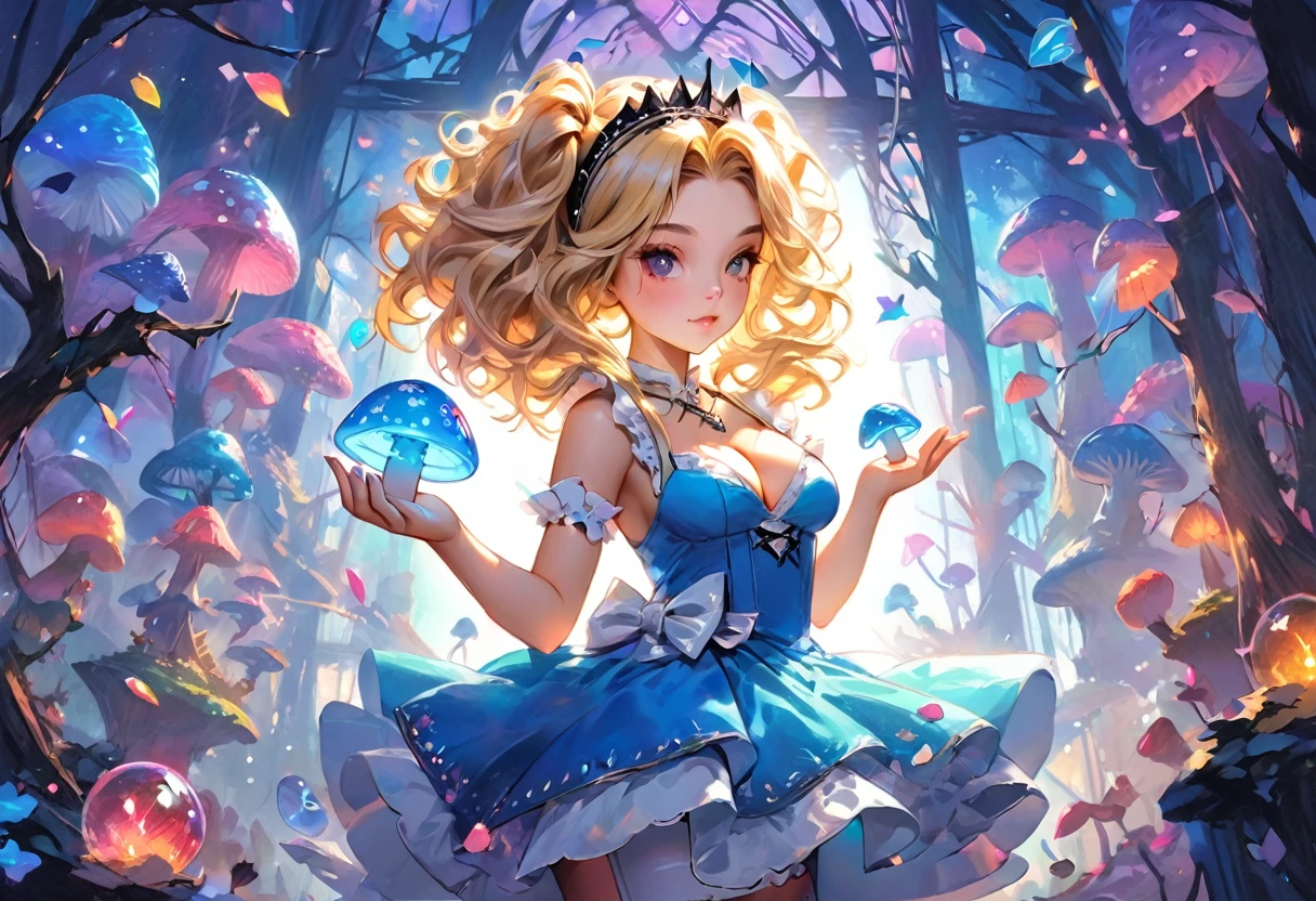 a beautiful 20 year old blonde woman with big messy hair in a blue dress, white stockings, black headband, cleavage, holding a glowing mushroom, fantasy art style, rossdraws cartoon vibrant, alice x. zhang, alice in wonderland cyberpunk, cute detailed digital art, colorfull digital fantasy art, digital fantasy art ), glossy digital painting, rossdraws pastel vibrant, rossdraws 2. 5, rossdraws 1. 0