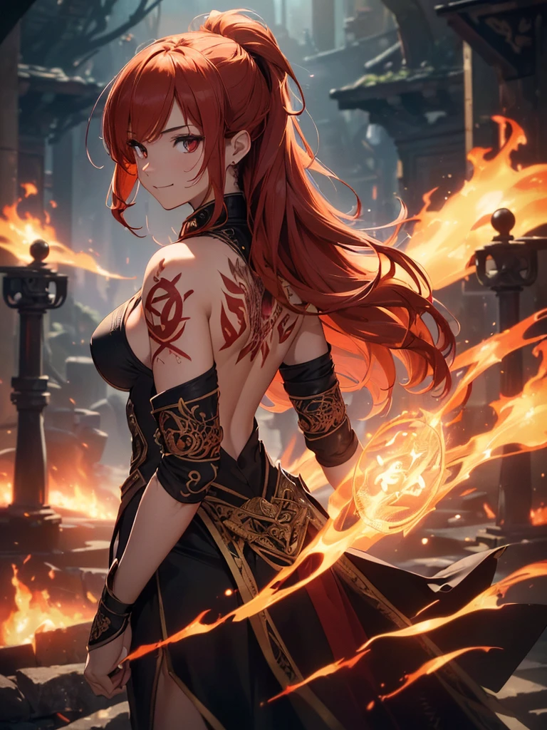 (((best quality, sharp image, clear image, cinematic lighting, 8k resolution, masterpiece, ultra detailed, intricate))) Girl, (((looking over left shoulder))), (shot from behind), fire mage, ((intricate background)), ((chaotic background)), red hair, smiling, ((flame runes, flame sigils)), (tatoo on back), slim figure, flying sigils