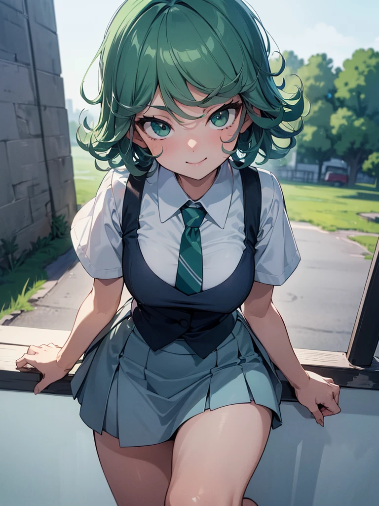 (high res, 8K, masterpiece, looking at viewer, best quality, very aesthetic, ultra detailed, ultra background, ultra Eyes) intricate details, 1girl, Tatsumaki, short sleeved white shirt, Light Blue Gray short skirt, Pockets on the left chest, light Blue Gray tie, green short hair, green eyes, Smile Face, Background Zoo, Cinematic Angle