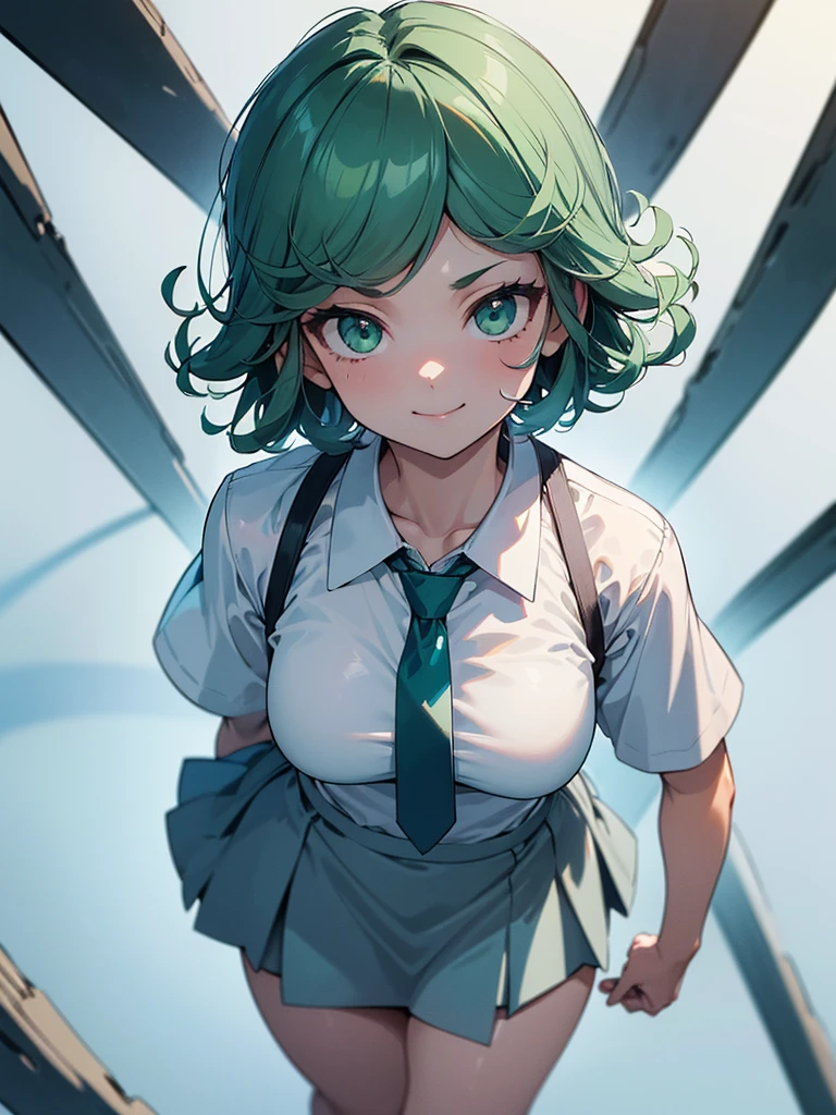 (high res, 8K, masterpiece, looking at viewer, best quality, very aesthetic, ultra detailed, ultra background, ultra Eyes) intricate details, 1girl, Tatsumaki, short sleeved white shirt, Light Blue Gray short skirt, Pockets on the left chest, light Blue Gray tie, green short hair, green eyes, Smile Face, Background Zoo, Cinematic Angle