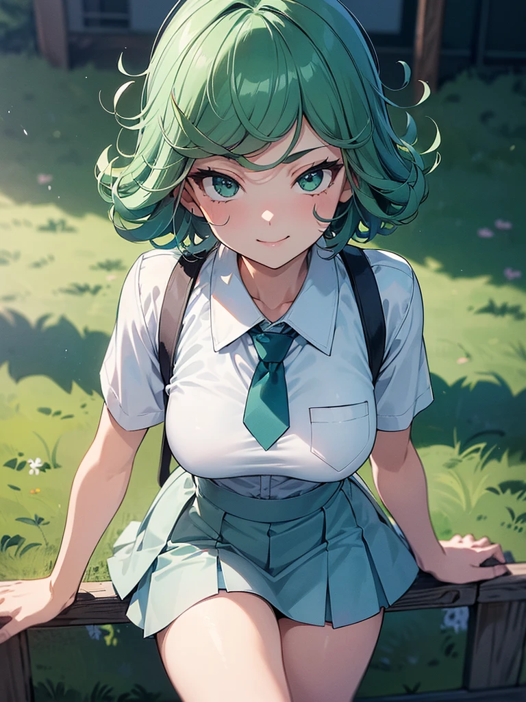 (high res, 8K, masterpiece, looking at viewer, best quality, very aesthetic, ultra detailed, ultra background, ultra Eyes) intricate details, 1girl, Tatsumaki, short sleeved white shirt, Light Blue Gray short skirt, Pockets on the left chest, light Blue Gray tie, Not wearing a bag, green short hair, green eyes, Smile Face, Background Zoo, Cinematic Angle