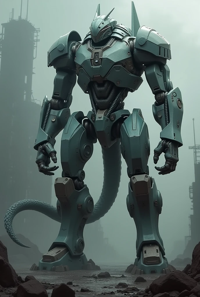 A full-body image of a giant humanoid robot with a monster-like tail