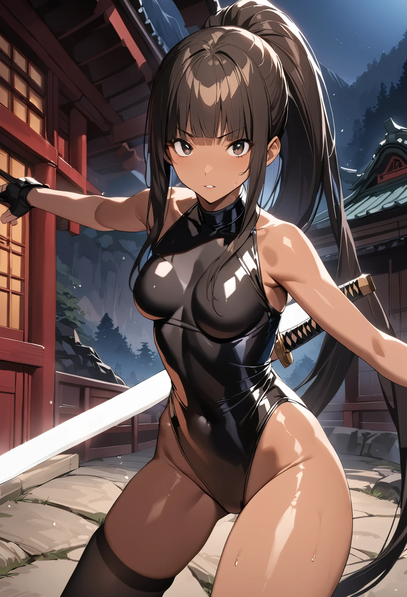 ((masterpiece,best quality anime,Highest quality:1.3)),realistic,cowboy shot,(25 year old beauty),Female ninja,1woman,独奏,((very small head:1.4)),((very long body:1.3)),black hair,bangs,(long ponytail hair),gorgeous big eyes,black eyes,((tan skin:1.5)),(black high neck sleeveless,leotard、black_thighhighs,black fingerless gloves),((slender body:1.3,skinny)),medium breasts,gleaming skin,shiny skin,Fighting stance with a Japanese sword、(A detailed depiction of a Japanese sword),Old shrine in the mountains、night,(Fight against two female succubi),Action Scenes、