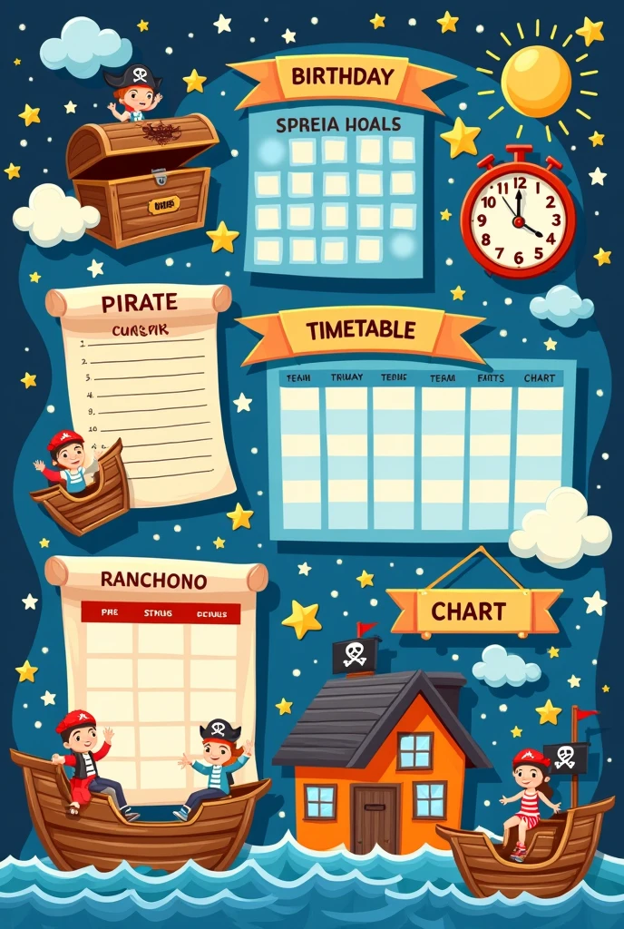 Provide me a design of school soft board with theme pirate including the birthday chart , time table , transport chart , house chart of students
The board should be horizontal


