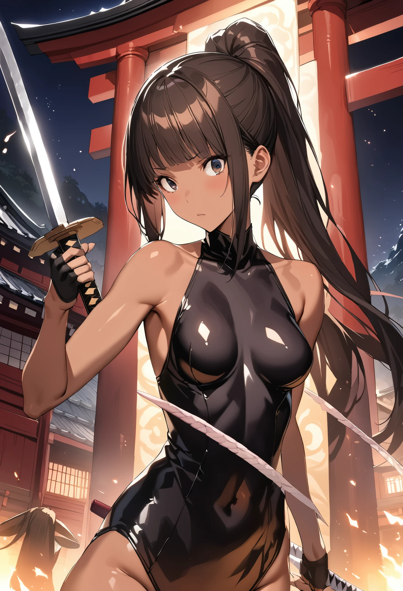((masterpiece,best quality anime,Highest quality:1.3)),realistic,cowboy shot,(25 year old beauty),Female ninja,1woman,独奏,((very small head:1.4)),((very long body:1.3)),black hair,bangs,(long ponytail hair),gorgeous big eyes,black eyes,((tan skin:1.5)),(black high neck sleeveless,leotard、black_thighhighs,black fingerless gloves),((slender body:1.3,skinny)),medium breasts,gleaming skin,shiny skin,Fighting stance with a Japanese sword、(A detailed depiction of a Japanese sword),Old shrine in the mountains、night,(Fight against two female succubi),Action Scenes、
