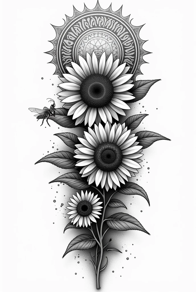 Tattoo template, for the entire forearm. The main focus should be sunflowers, also single mandala and a bee. black-and-white