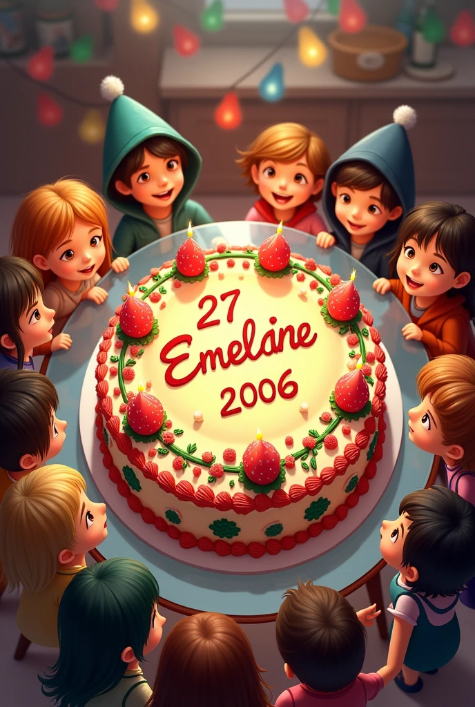 Le nom " ÉMELINE" est sur un gâteau d'anniversaire multicolore et magnifique avec le texte  "18 ans" audessus et au milieu du gâteau.  Le gâteau est posé sur une table en verre et le texte "27 Octobre 2006 " est sur  cette table et au centre . tout autour se trouve de jolis enfants fille comme garçons celebrant un anniversaire.