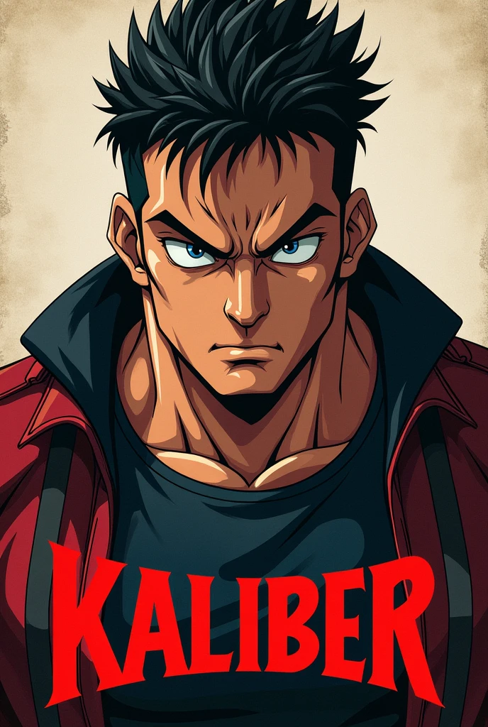 Superpowered big man anime assassin closeup with the KALIBER underneath in big letters