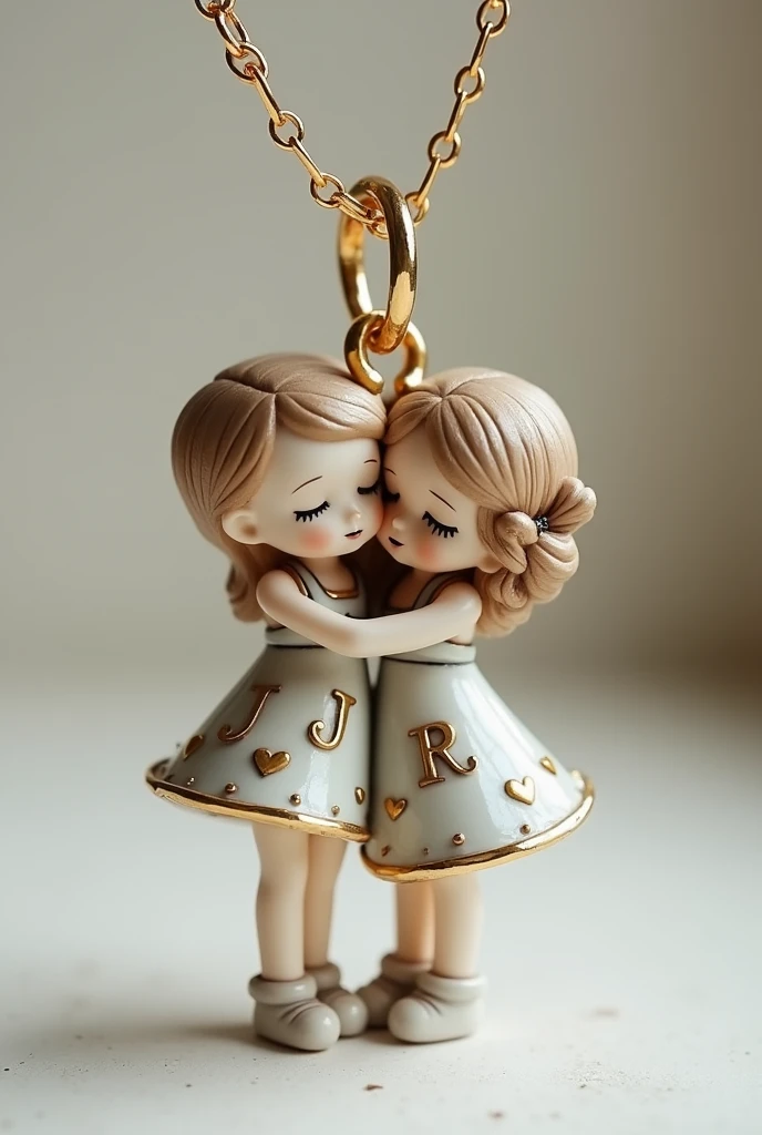 A pendant with the initials J and R together on two little dolls kissing 
