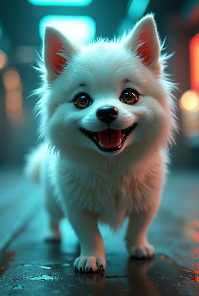 "masterpiece, Happy Face dog with white hair and white details, Channeling the Matrix style, deadpool's marvel track,Captured from a dynamic angle, Offering the best quality in stunning 4K resolution."
