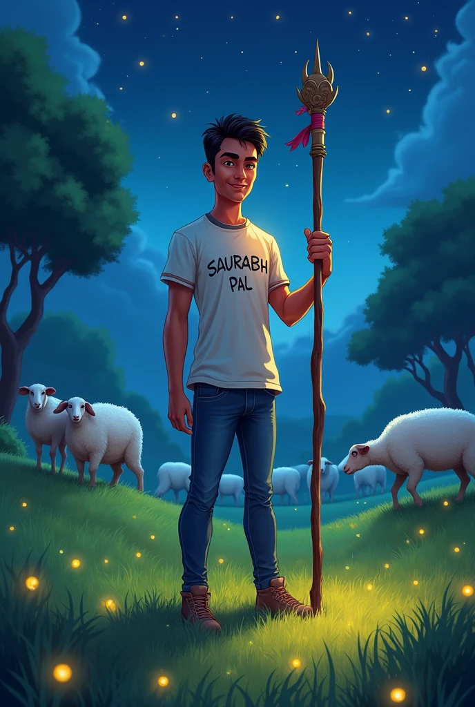 Mera t shirt me Mera nam saurabh pal likha ho hath me lathi sir me safa bada ho Hari ghas night jugnu Tare tim time rahe hai aur sheep car Rahi ho  age 18year