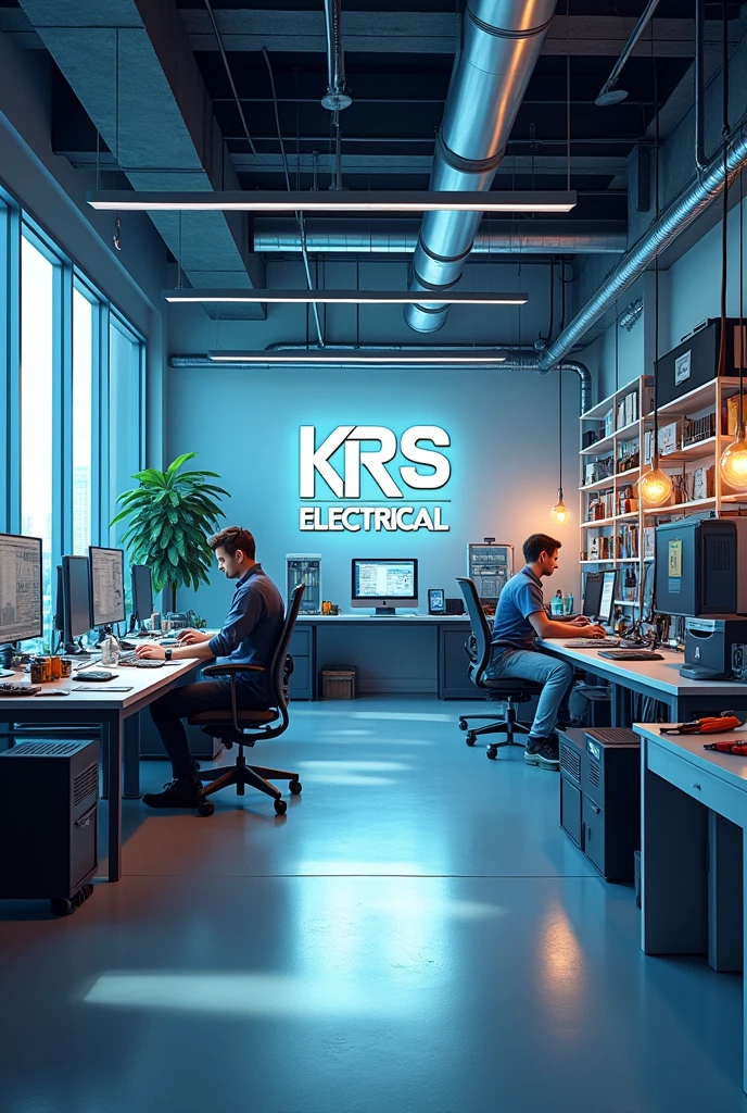 Design office for electrical engineer ith electrical items and logo of "KRS Electrical "