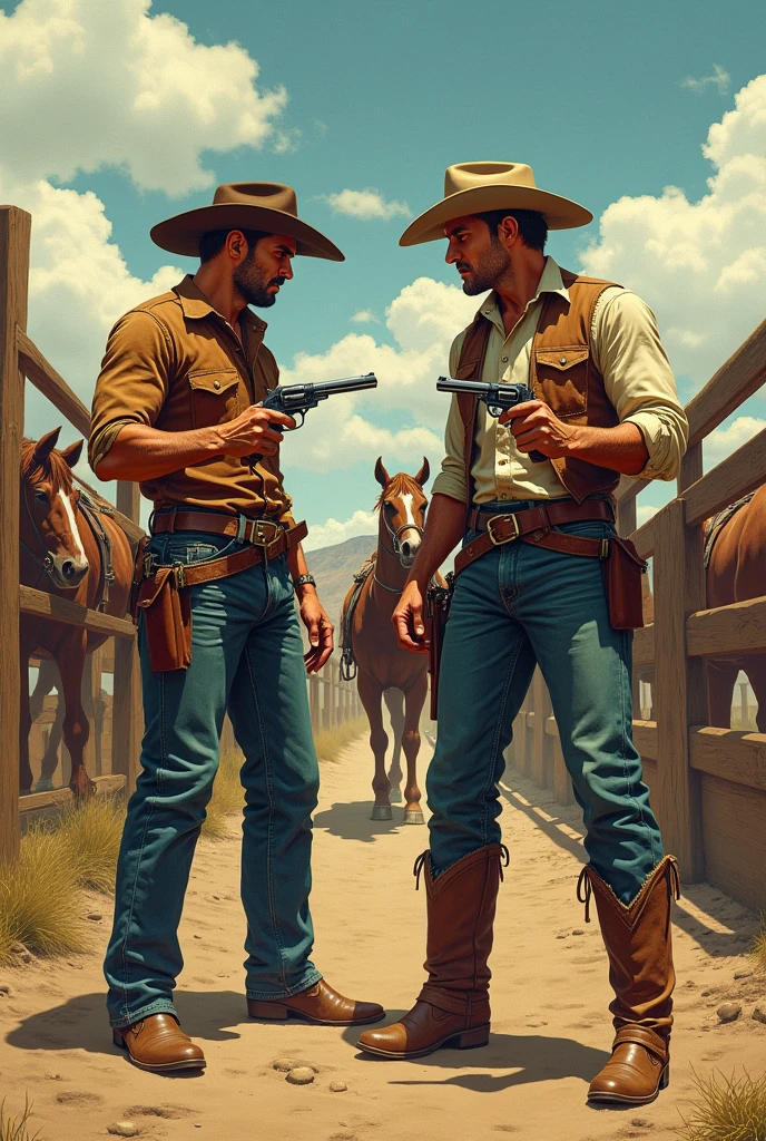 Hyperrealistic comic image with a 50&#39;s look of two cowboys shoeing horses in the corral with pistols in their hands