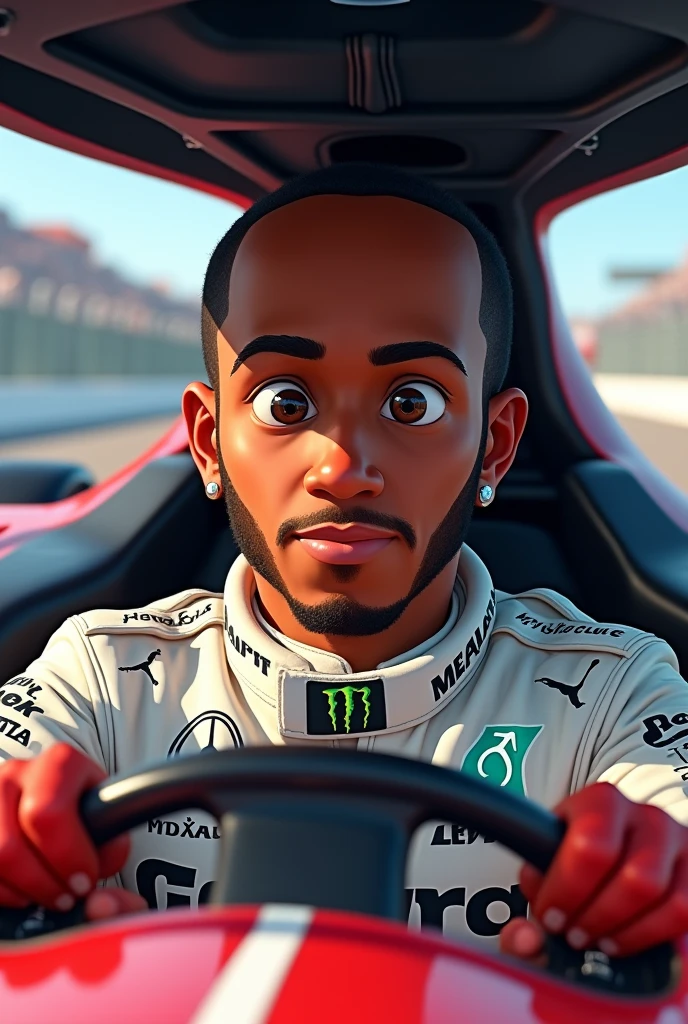 Create an image of real, professional driver Lewis Hamilton in your team&#39;s car, in cartoon style, but not exaggerated, i.e., in common proportions, but in a drawn style (Kinda realistic). He will be driving his car, but the photo will be approximated, focusing on your face, your hand driving the car, and a little bit about the car and its team 