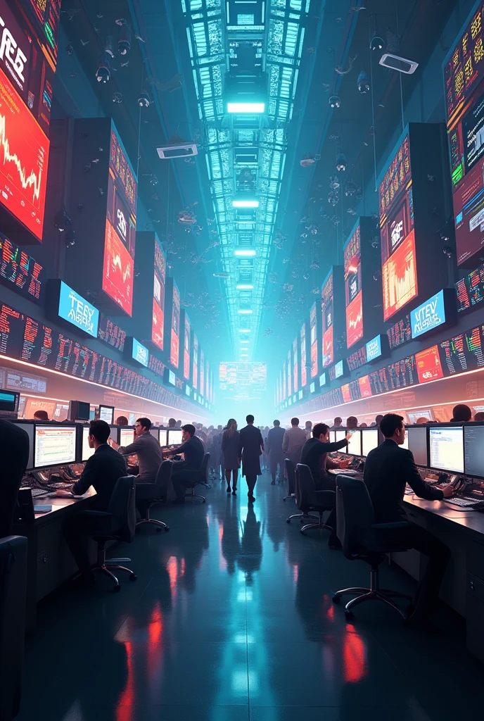 A bustling floor of a stock exchange with traders and screens.